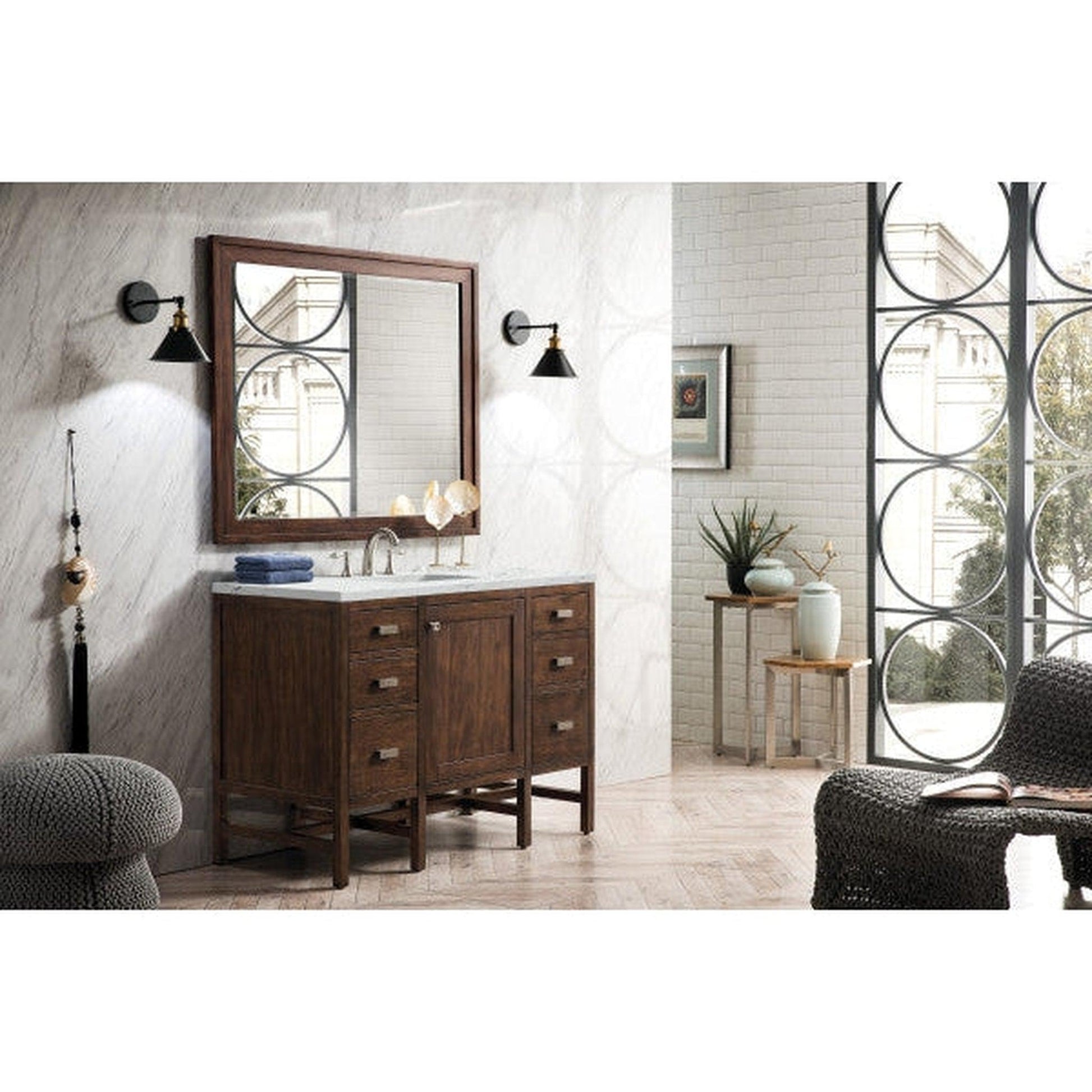 James Martin Addison 48" Single Mid Century Acacia Bathroom Vanity With 1" Ethereal Noctis Quartz Top and Rectangular Ceramic Sink