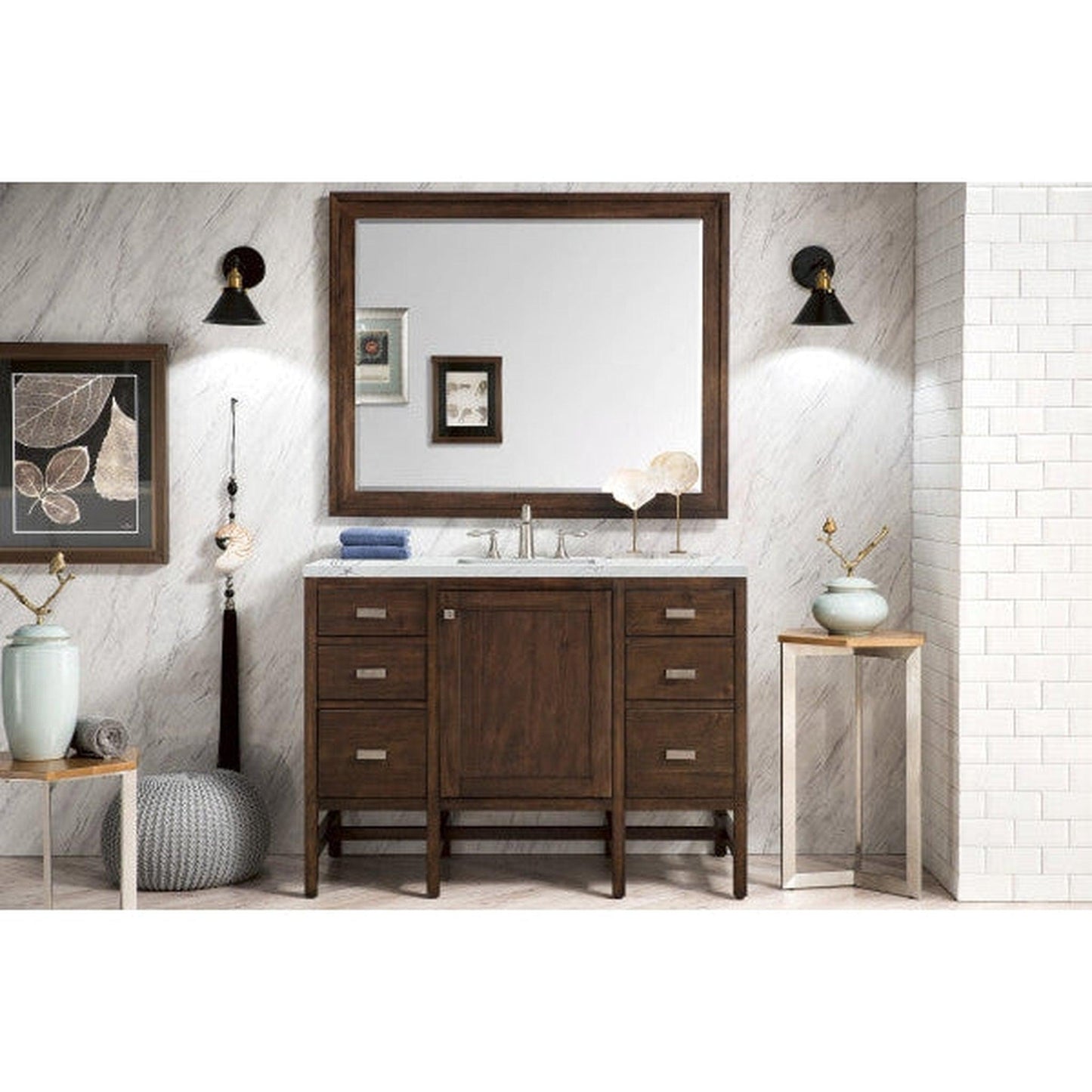 James Martin Addison 48" Single Mid Century Acacia Bathroom Vanity With 1" Ethereal Noctis Quartz Top and Rectangular Ceramic Sink