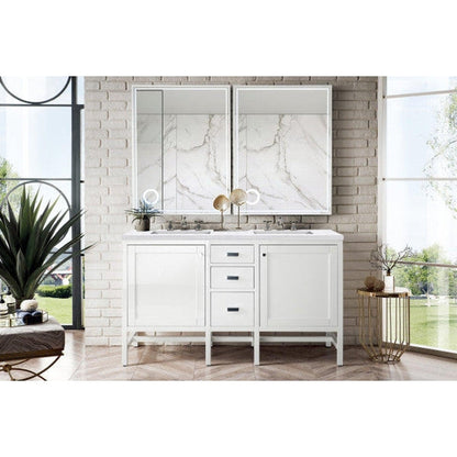 James Martin Addison 60" Double Glossy White Bathroom Vanity With 1" Arctic Fall Solid Surface Top and Rectangular Ceramic Sink