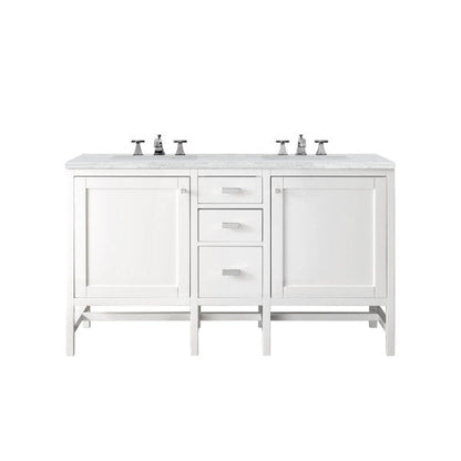 James Martin Addison 60" Double Glossy White Bathroom Vanity With 1" Arctic Fall Solid Surface Top and Rectangular Ceramic Sink