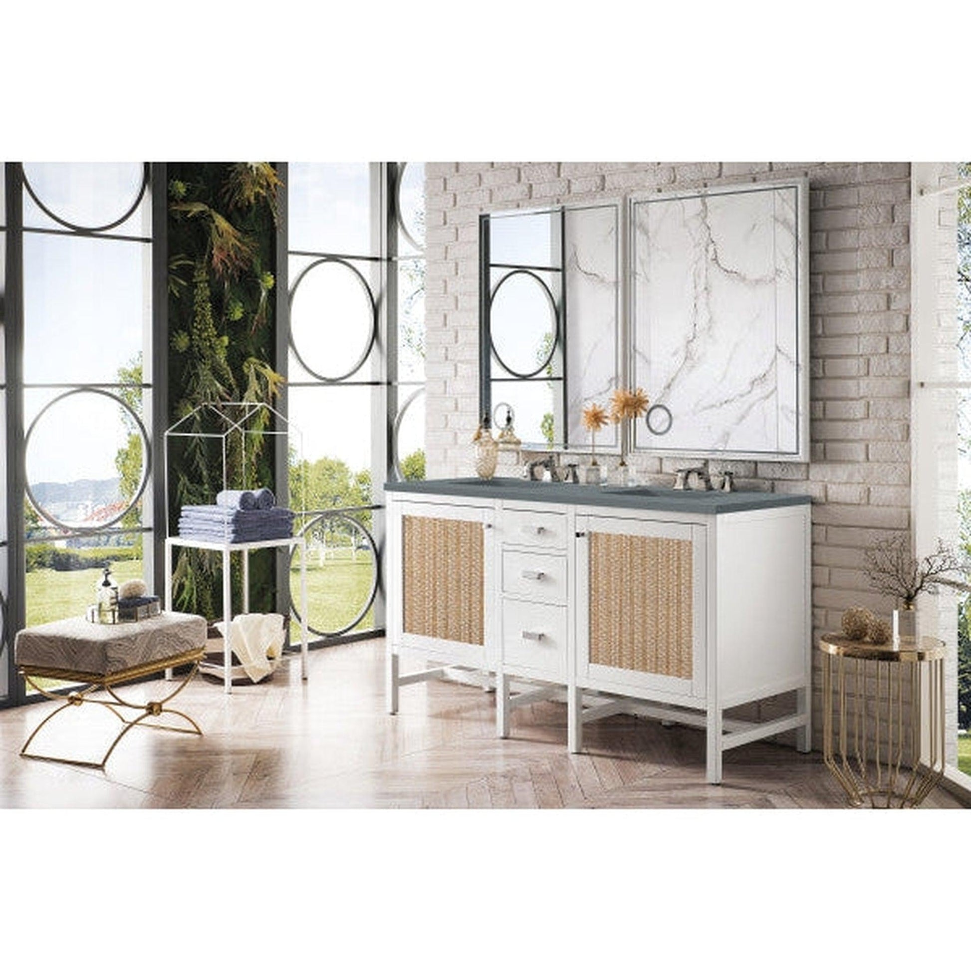 James Martin Addison 60" Double Glossy White Bathroom Vanity With 1" Cala Blue Quartz Top and Rectangular Ceramic Sink