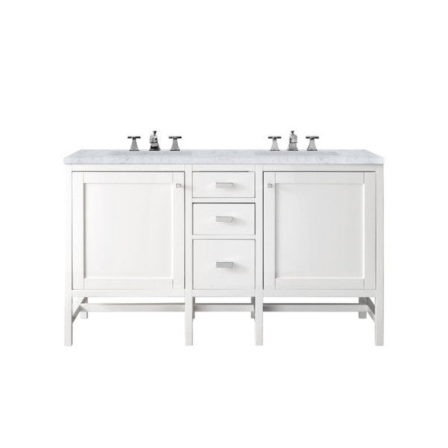 James Martin Addison 60" Double Glossy White Bathroom Vanity With 1" Carrara White Marble Top and Rectangular Ceramic Sink