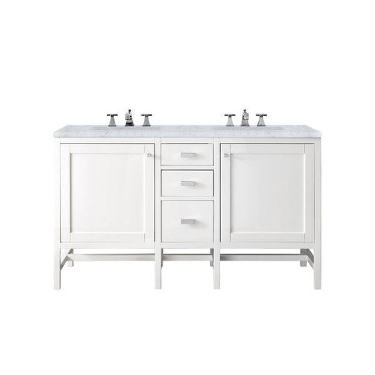 James Martin Addison 60" Double Glossy White Bathroom Vanity With 1" Carrara White Marble Top and Rectangular Ceramic Sink