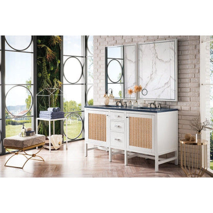 James Martin Addison 60" Double Glossy White Bathroom Vanity With 1" Charcoal Soapstone Quartz Top and Rectangular Ceramic Sink