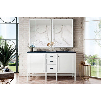 James Martin Addison 60" Double Glossy White Bathroom Vanity With 1" Charcoal Soapstone Quartz Top and Rectangular Ceramic Sink