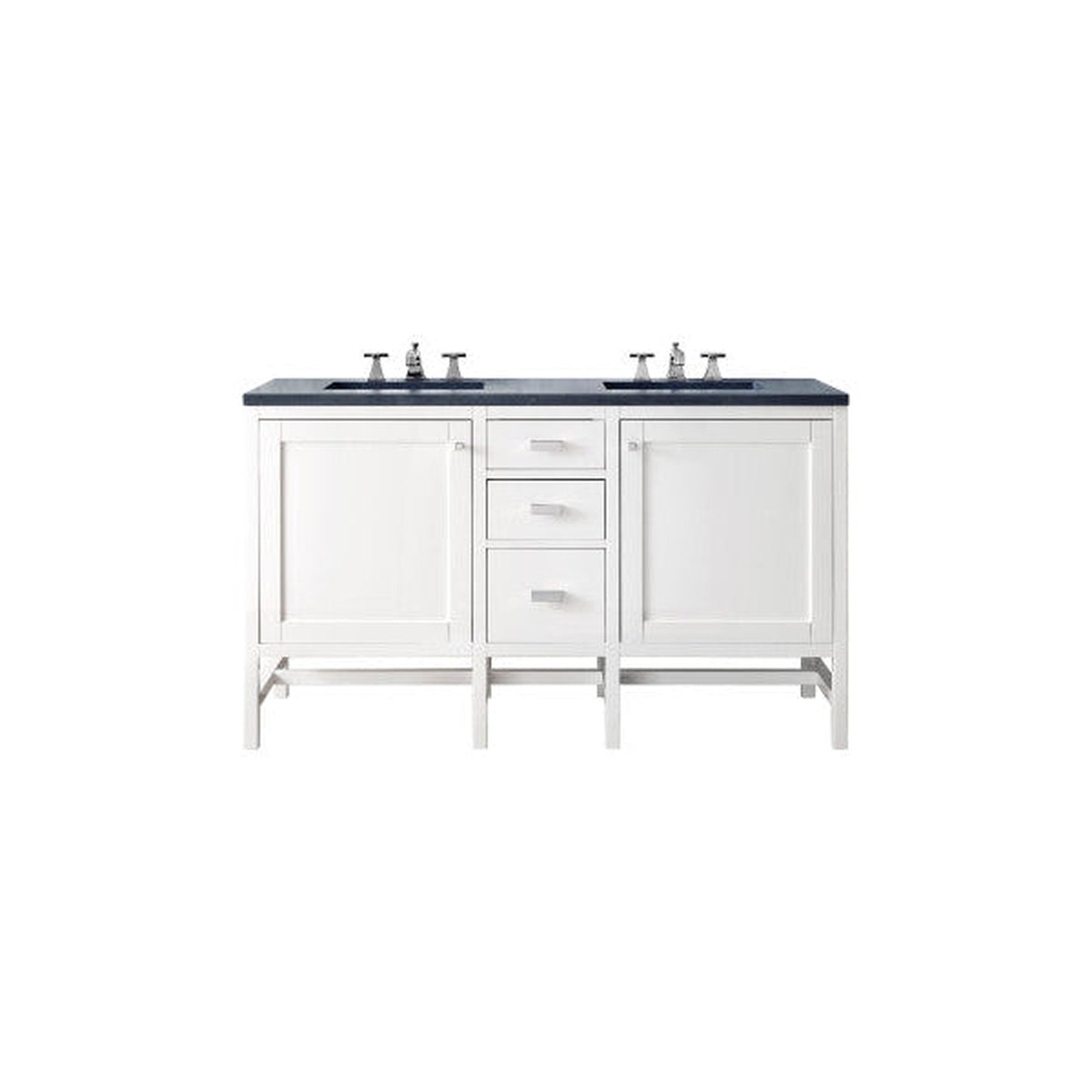 James Martin Addison 60" Double Glossy White Bathroom Vanity With 1" Charcoal Soapstone Quartz Top and Rectangular Ceramic Sink