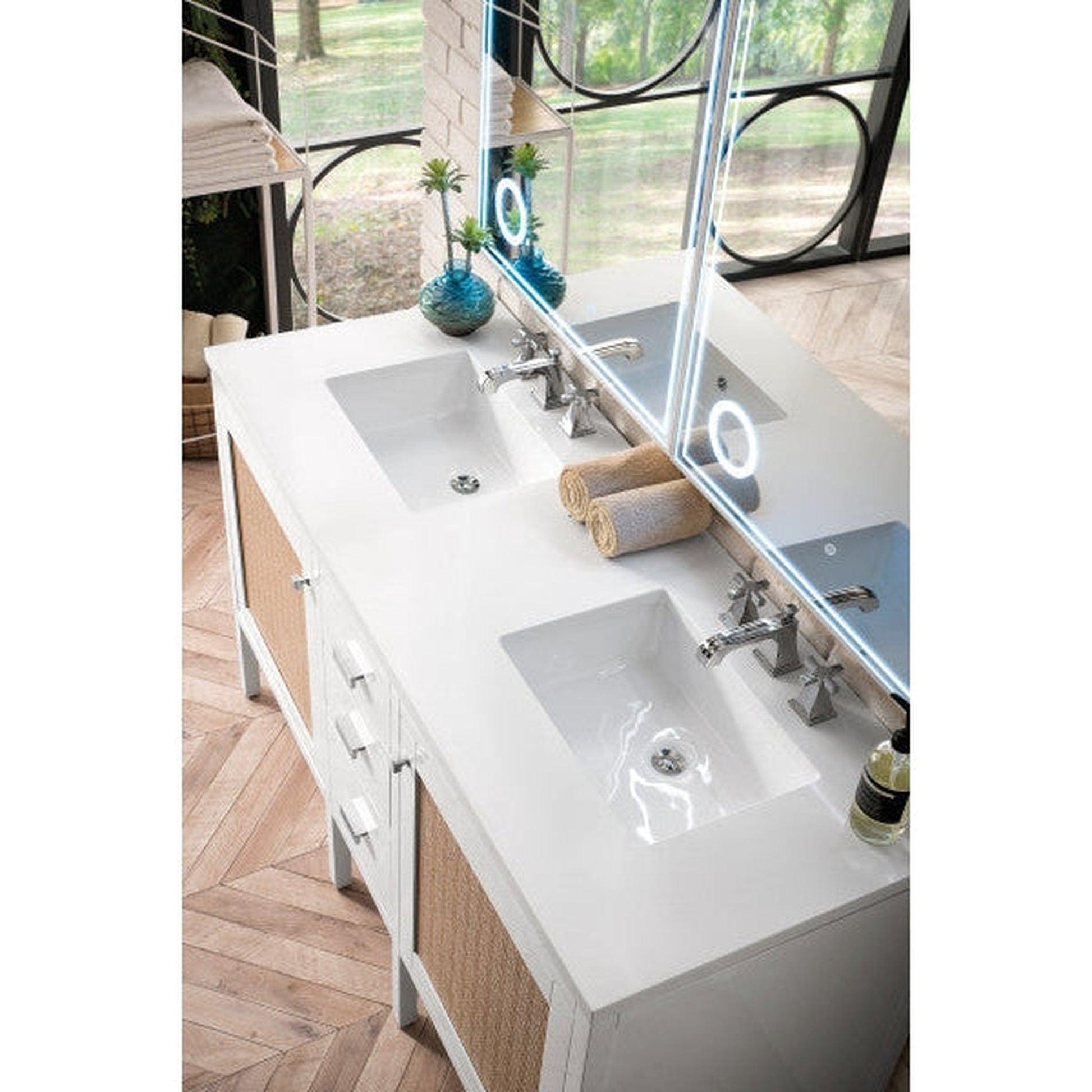 James Martin Addison 60" Double Glossy White Bathroom Vanity With 1" Classic White Quartz Top and Rectangular Ceramic Sink