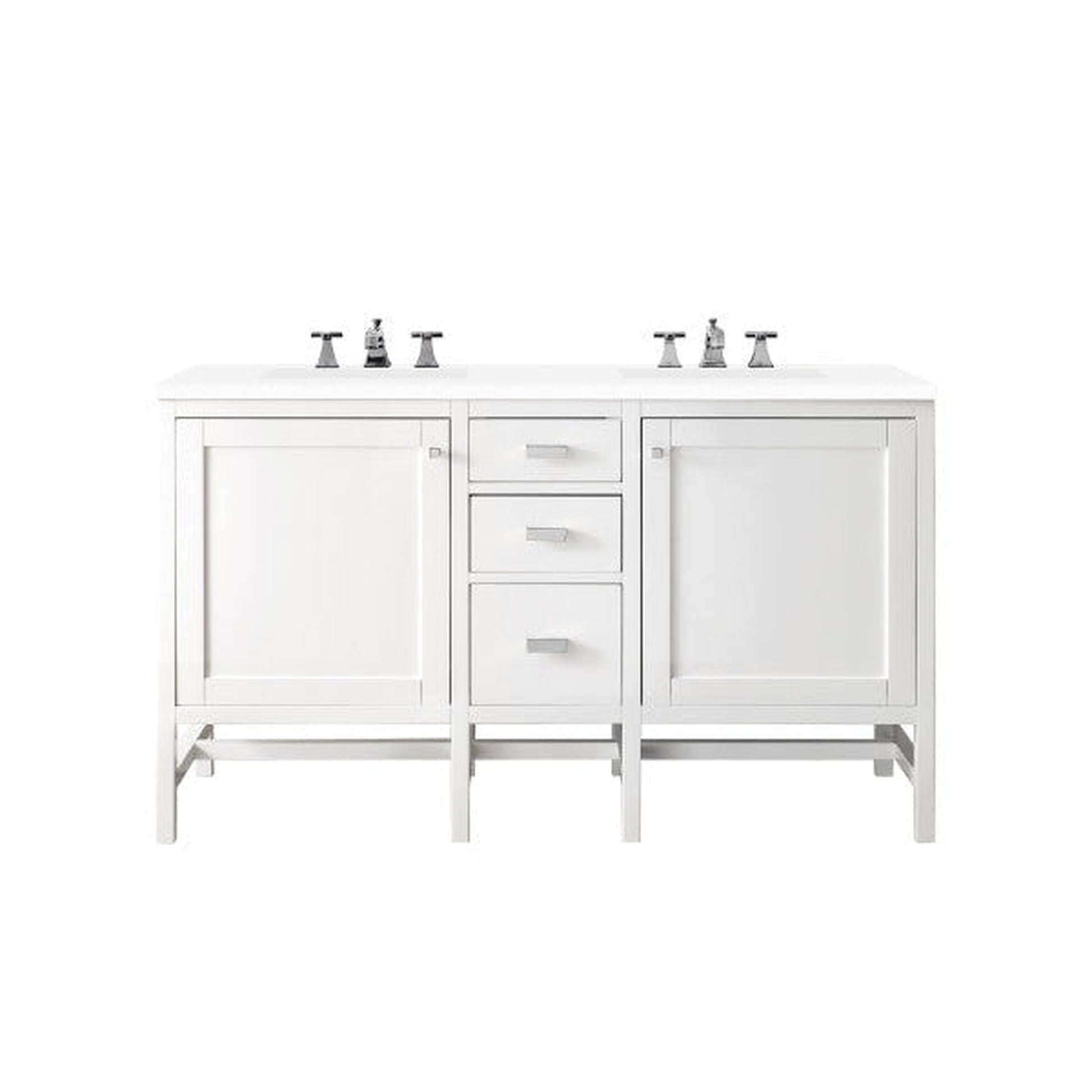 James Martin Addison 60" Double Glossy White Bathroom Vanity With 1" Classic White Quartz Top and Rectangular Ceramic Sink