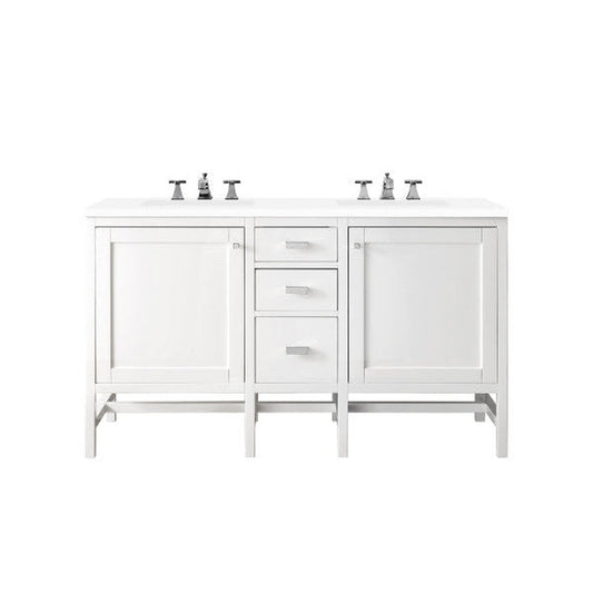 James Martin Addison 60" Double Glossy White Bathroom Vanity With 1" Classic White Quartz Top and Rectangular Ceramic Sink