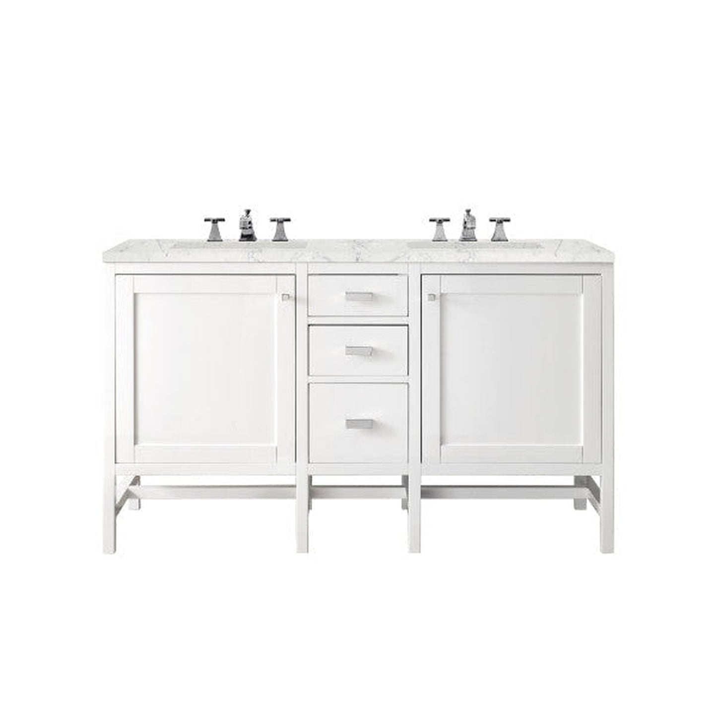 James Martin Addison 60" Double Glossy White Bathroom Vanity With 1" Eternal Jasmine Pearl Quartz Top and Rectangular Ceramic Sink