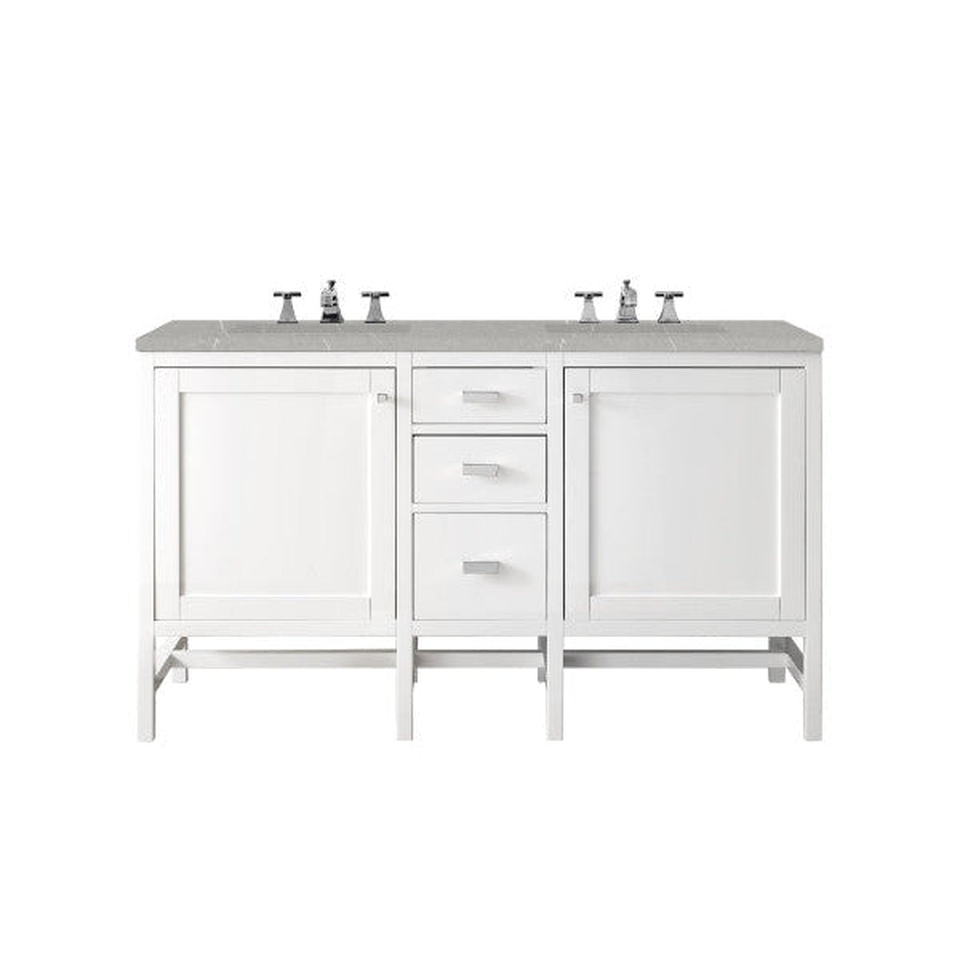 James Martin Addison 60" Double Glossy White Bathroom Vanity With 1" Eternal Serena Quartz Top and Rectangular Ceramic Sink