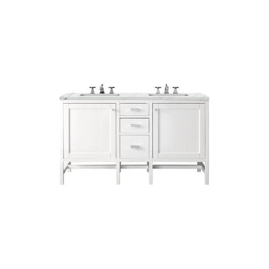 James Martin Addison 60" Double Glossy White Bathroom Vanity With 1" Ethereal Noctis Quartz Top and Rectangular Ceramic Sink