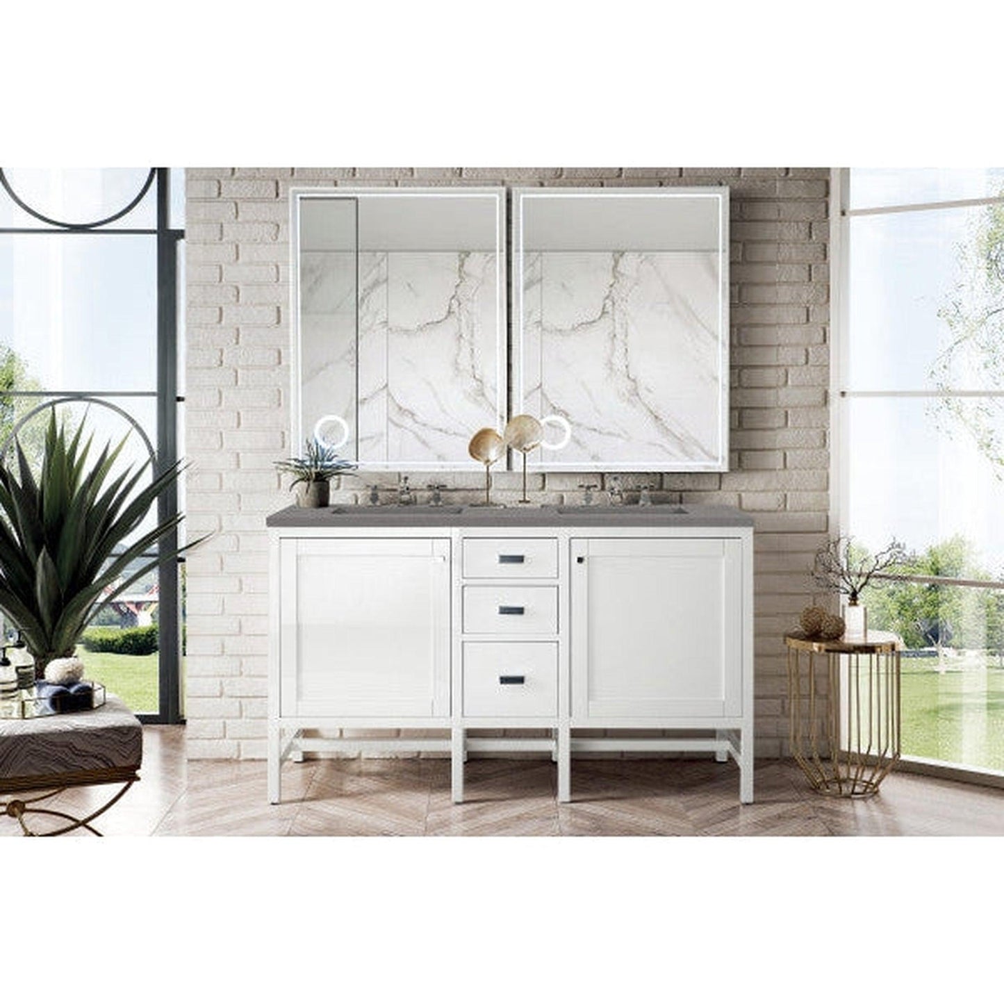 James Martin Addison 60" Double Glossy White Bathroom Vanity With 1" Gray Expo Quartz Top and Rectangular Ceramic Sink