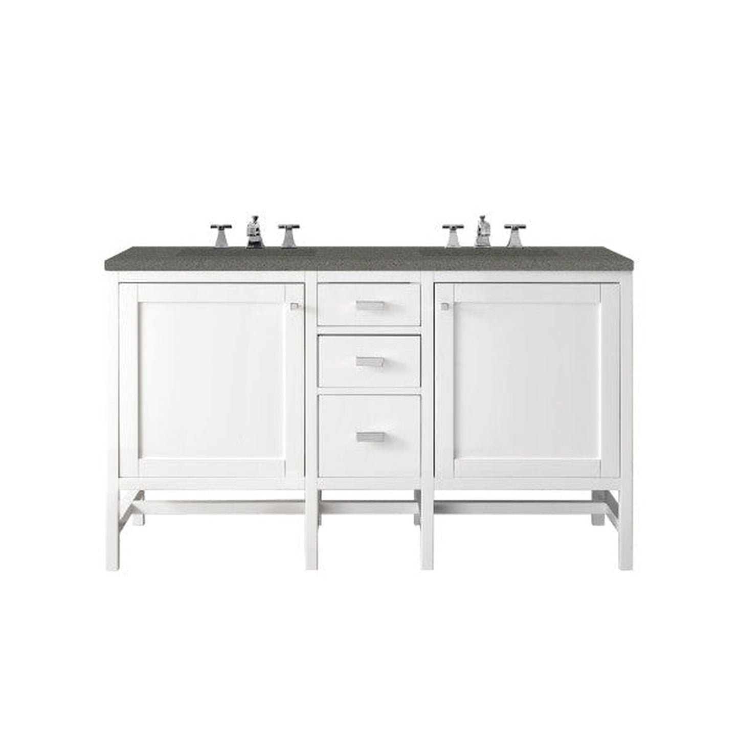 James Martin Addison 60" Double Glossy White Bathroom Vanity With 1" Gray Expo Quartz Top and Rectangular Ceramic Sink