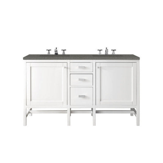 James Martin Addison 60" Double Glossy White Bathroom Vanity With 1" Gray Expo Quartz Top and Rectangular Ceramic Sink