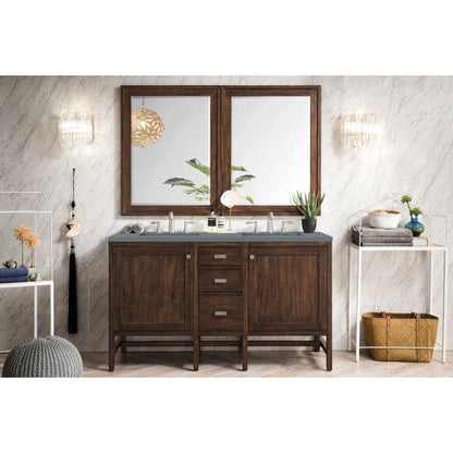 James Martin Addison 60" Double Mid Century Acacia Bathroom Vanity With 1" Cala Blue Quartz Top and Rectangular Ceramic Sink