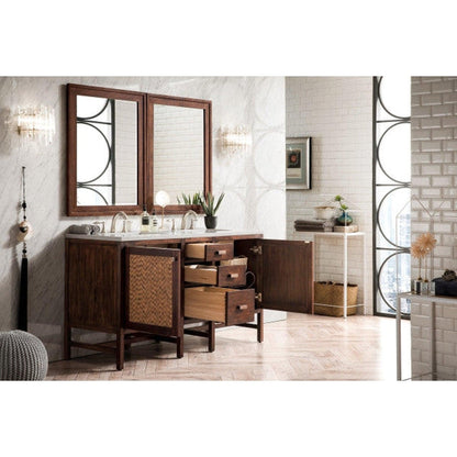 James Martin Addison 60" Double Mid Century Acacia Bathroom Vanity With 1" Carrara White Marble Top and Rectangular Ceramic Sink