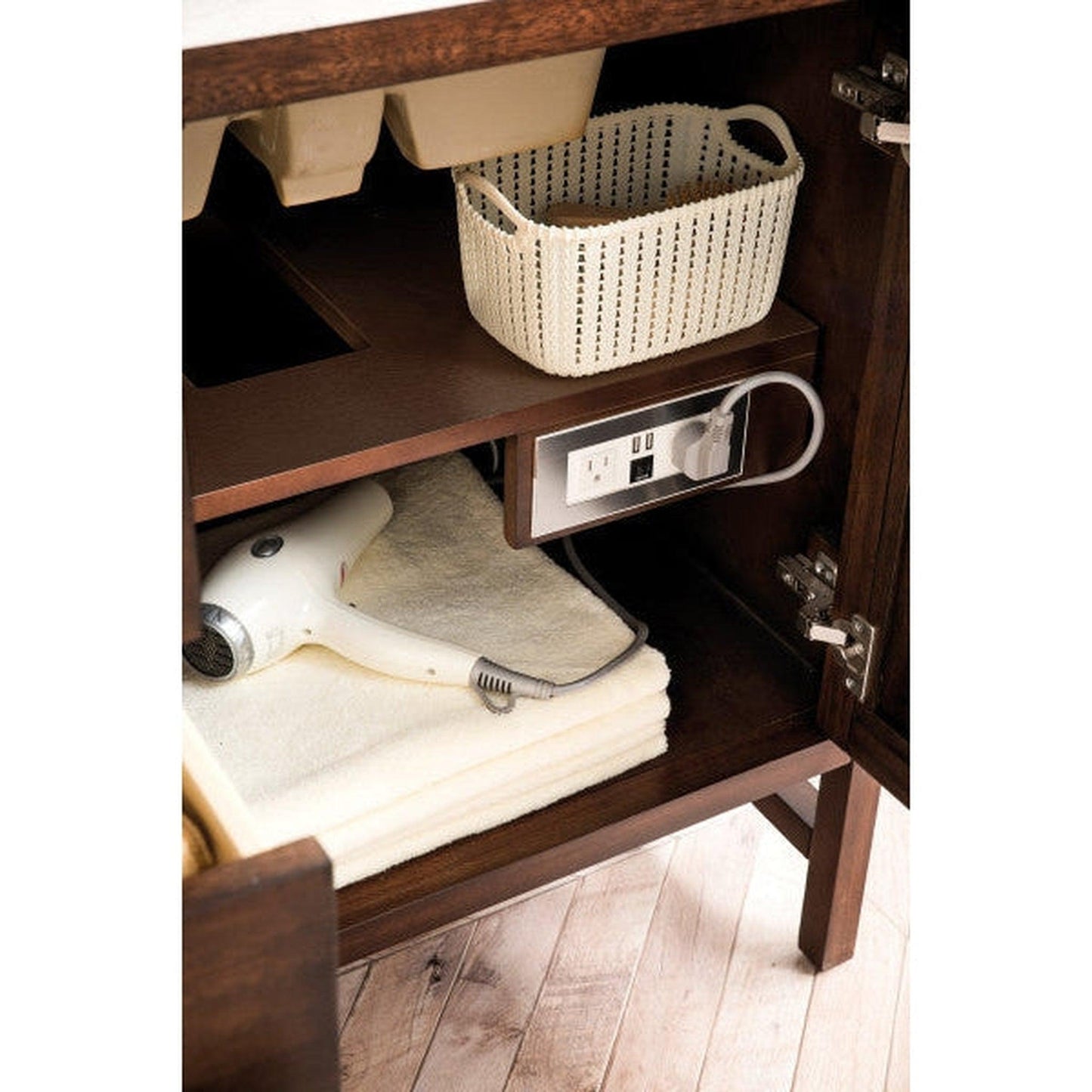 James Martin Addison 60" Double Mid Century Acacia Bathroom Vanity With 1" Carrara White Marble Top and Rectangular Ceramic Sink