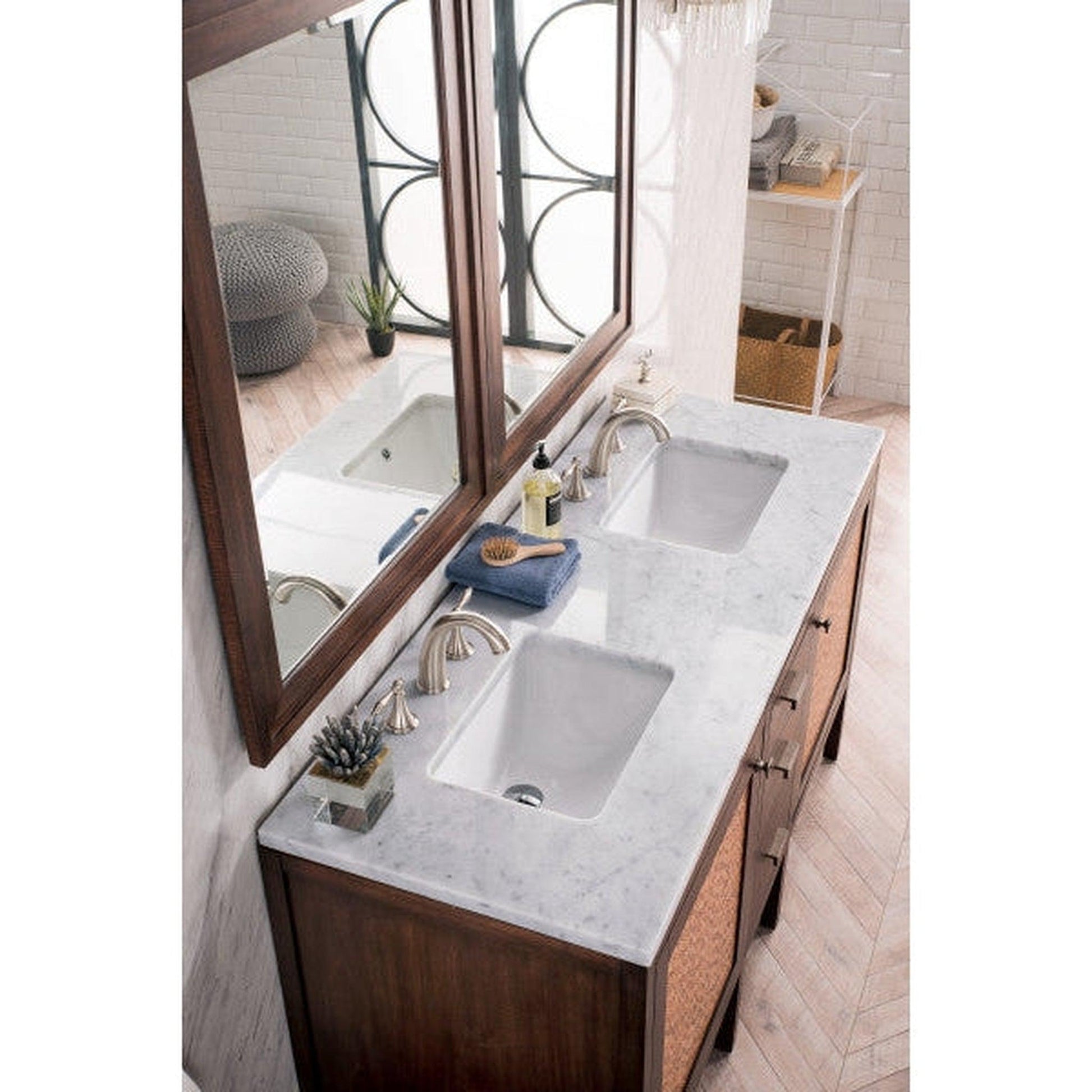 James Martin Addison 60" Double Mid Century Acacia Bathroom Vanity With 1" Carrara White Marble Top and Rectangular Ceramic Sink