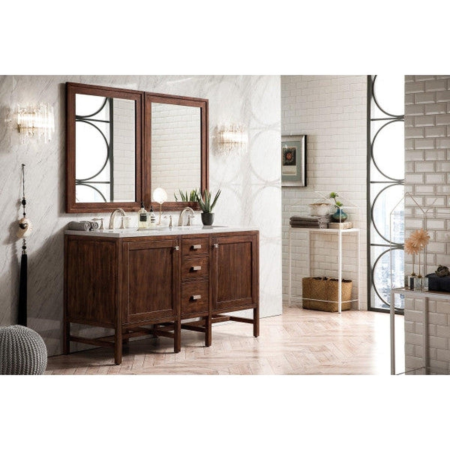 James Martin Addison 60" Double Mid Century Acacia Bathroom Vanity With 1" Carrara White Marble Top and Rectangular Ceramic Sink