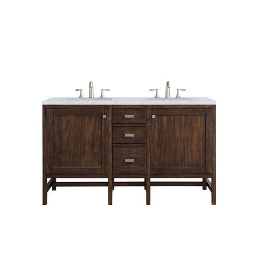 James Martin Addison 60" Double Mid Century Acacia Bathroom Vanity With 1" Carrara White Marble Top and Rectangular Ceramic Sink