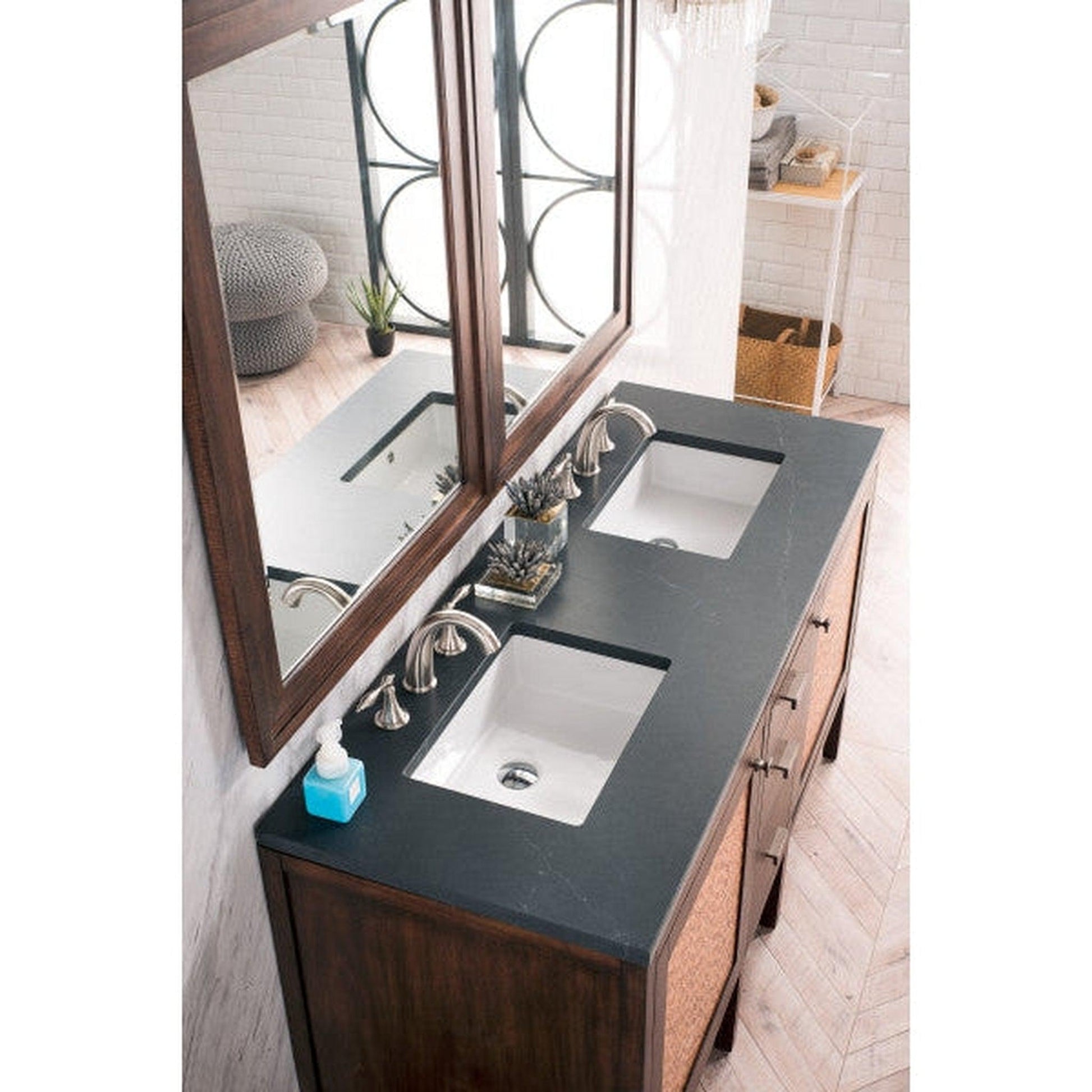 James Martin Addison 60" Double Mid Century Acacia Bathroom Vanity With 1" Charcoal Soapstone Quartz Top and Rectangular Ceramic Sink