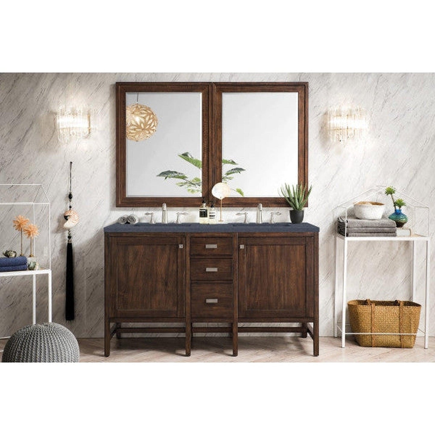 James Martin Addison 60" Double Mid Century Acacia Bathroom Vanity With 1" Charcoal Soapstone Quartz Top and Rectangular Ceramic Sink