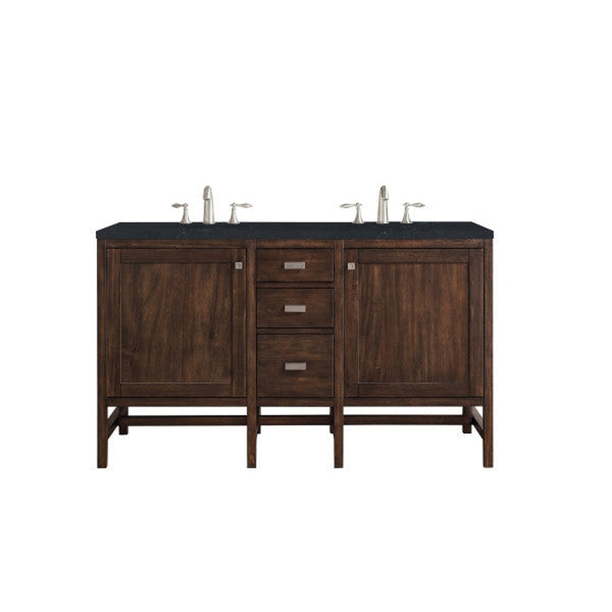 James Martin Addison 60" Double Mid Century Acacia Bathroom Vanity With 1" Charcoal Soapstone Quartz Top and Rectangular Ceramic Sink