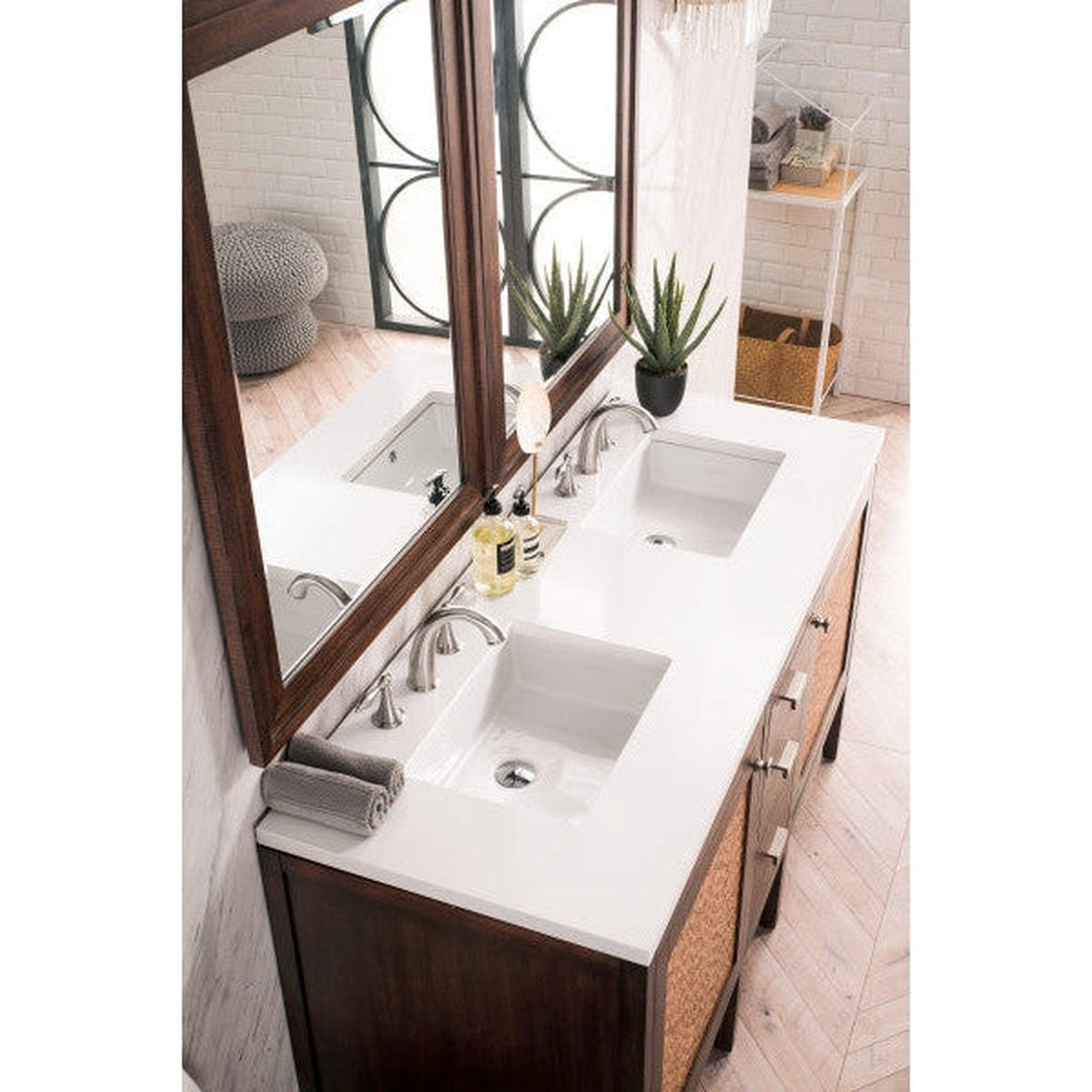 James Martin Addison 60" Double Mid Century Acacia Bathroom Vanity With 1" Classic White Quartz Top and Rectangular Ceramic Sink
