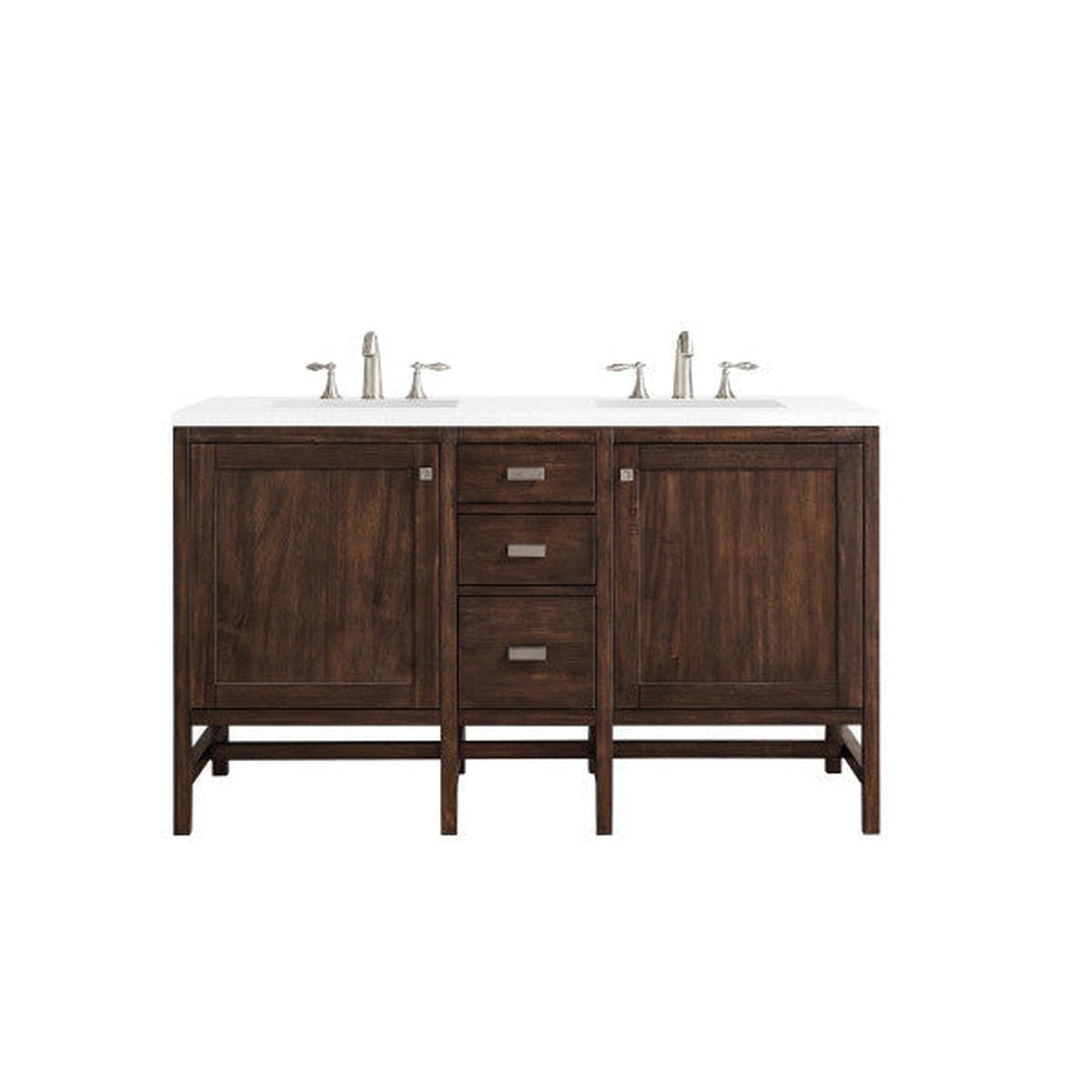 James Martin Addison 60" Double Mid Century Acacia Bathroom Vanity With 1" Classic White Quartz Top and Rectangular Ceramic Sink