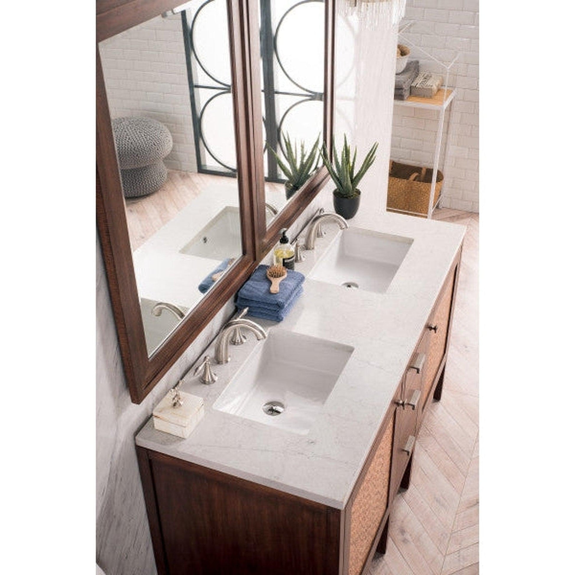 James Martin Addison 60" Double Mid Century Acacia Bathroom Vanity With 1" Eternal Jasmine Pearl Quartz Top and Rectangular Ceramic Sink