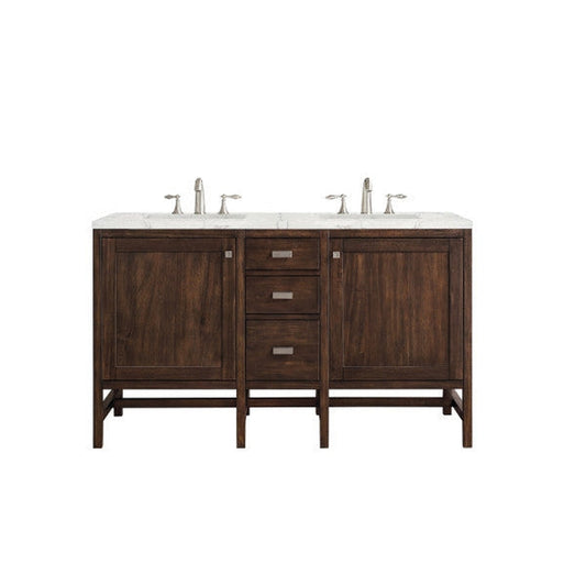 James Martin Addison 60" Double Mid Century Acacia Bathroom Vanity With 1" Eternal Jasmine Pearl Quartz Top and Rectangular Ceramic Sink