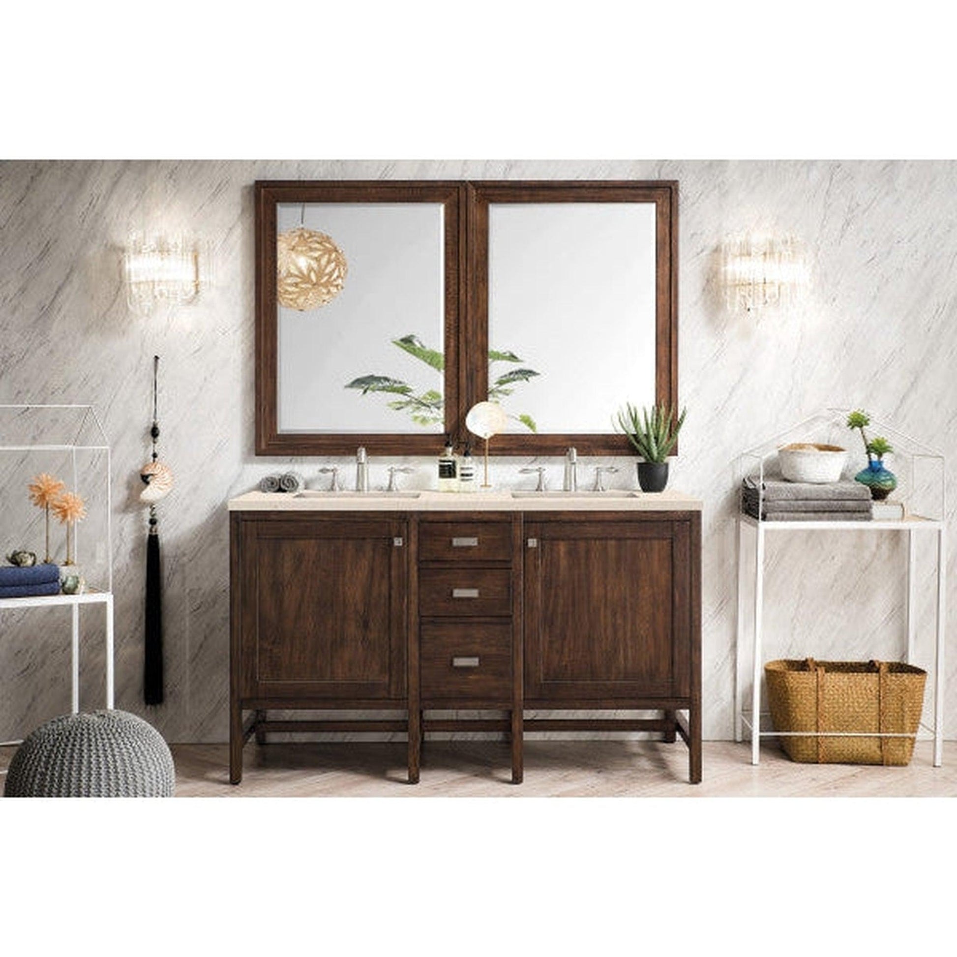 James Martin Addison 60" Double Mid Century Acacia Bathroom Vanity With 1" Eternal Marfil Quartz Top and Rectangular Ceramic Sink