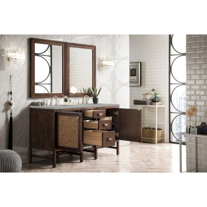 James Martin Addison 60" Double Mid Century Acacia Bathroom Vanity With 1" Eternal Serena Quartz Top and Rectangular Ceramic Sink