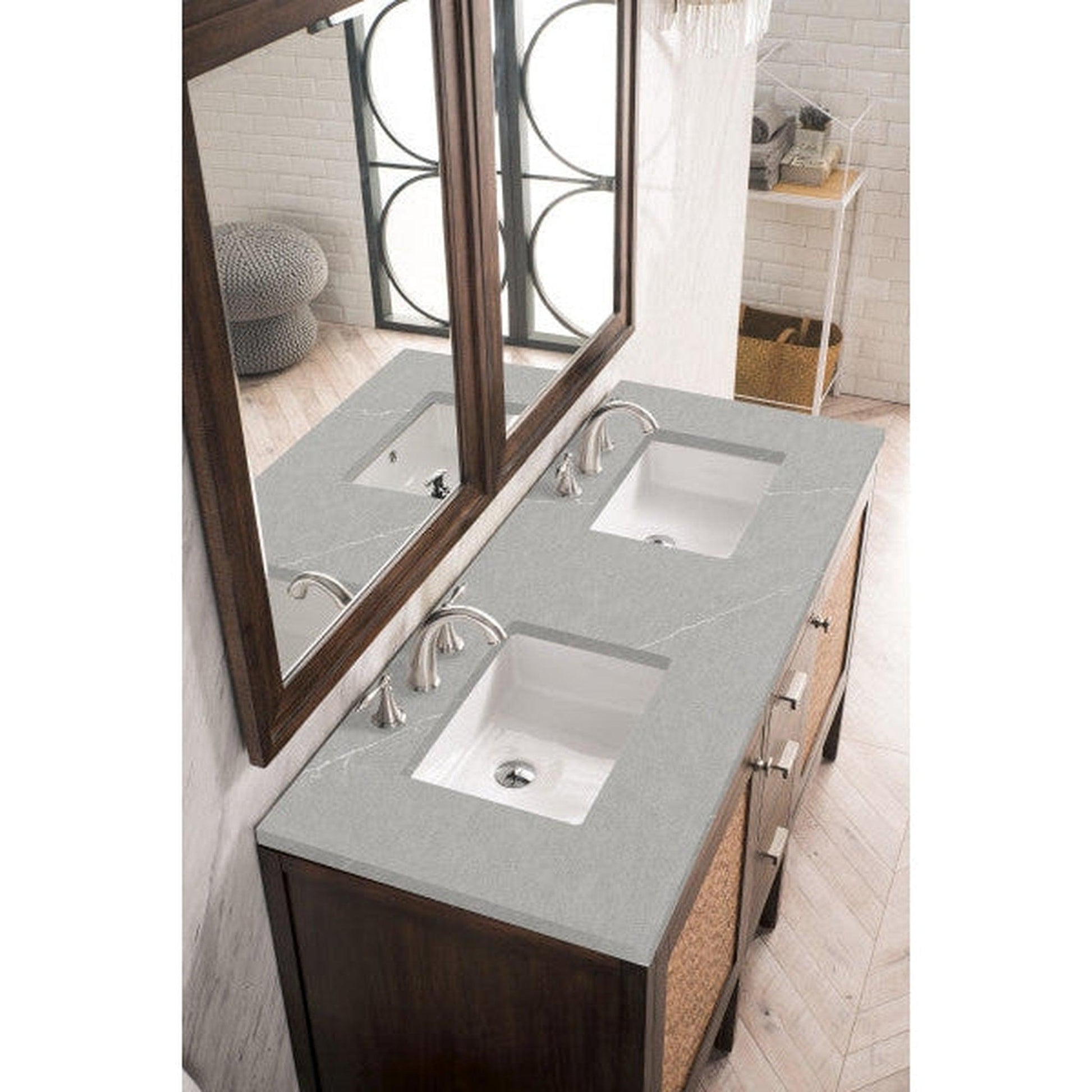 James Martin Addison 60" Double Mid Century Acacia Bathroom Vanity With 1" Eternal Serena Quartz Top and Rectangular Ceramic Sink