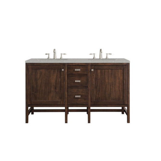 James Martin Addison 60" Double Mid Century Acacia Bathroom Vanity With 1" Eternal Serena Quartz Top and Rectangular Ceramic Sink