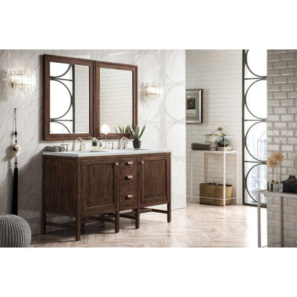James Martin Addison 60" Double Mid Century Acacia Bathroom Vanity With 1" Ethereal Noctis Quartz Top and Rectangular Ceramic Sink