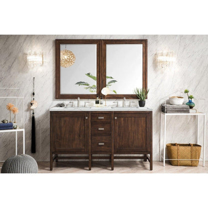 James Martin Addison 60" Double Mid Century Acacia Bathroom Vanity With 1" Ethereal Noctis Quartz Top and Rectangular Ceramic Sink