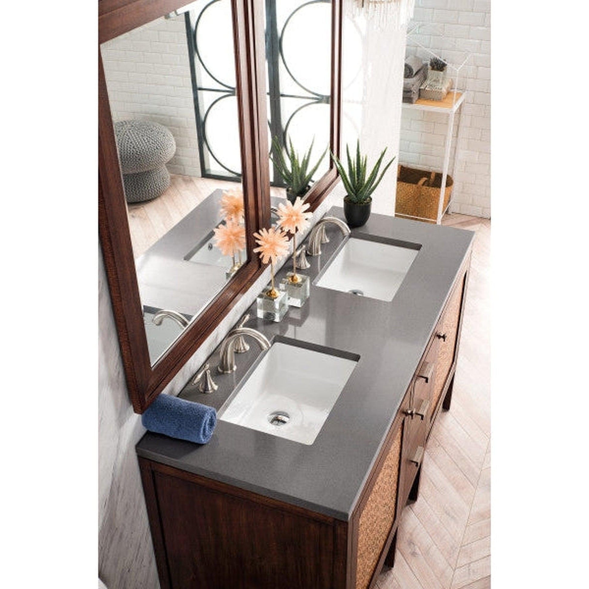 James Martin Addison 60" Double Mid Century Acacia Bathroom Vanity With 1" Gray Expo Quartz Top and Rectangular Ceramic Sink