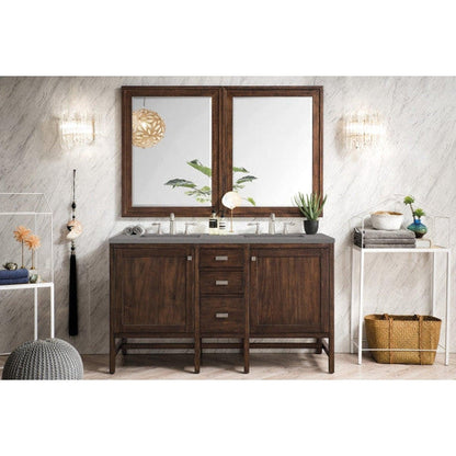 James Martin Addison 60" Double Mid Century Acacia Bathroom Vanity With 1" Gray Expo Quartz Top and Rectangular Ceramic Sink