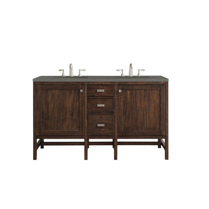 James Martin Addison 60" Double Mid Century Acacia Bathroom Vanity With 1" Gray Expo Quartz Top and Rectangular Ceramic Sink