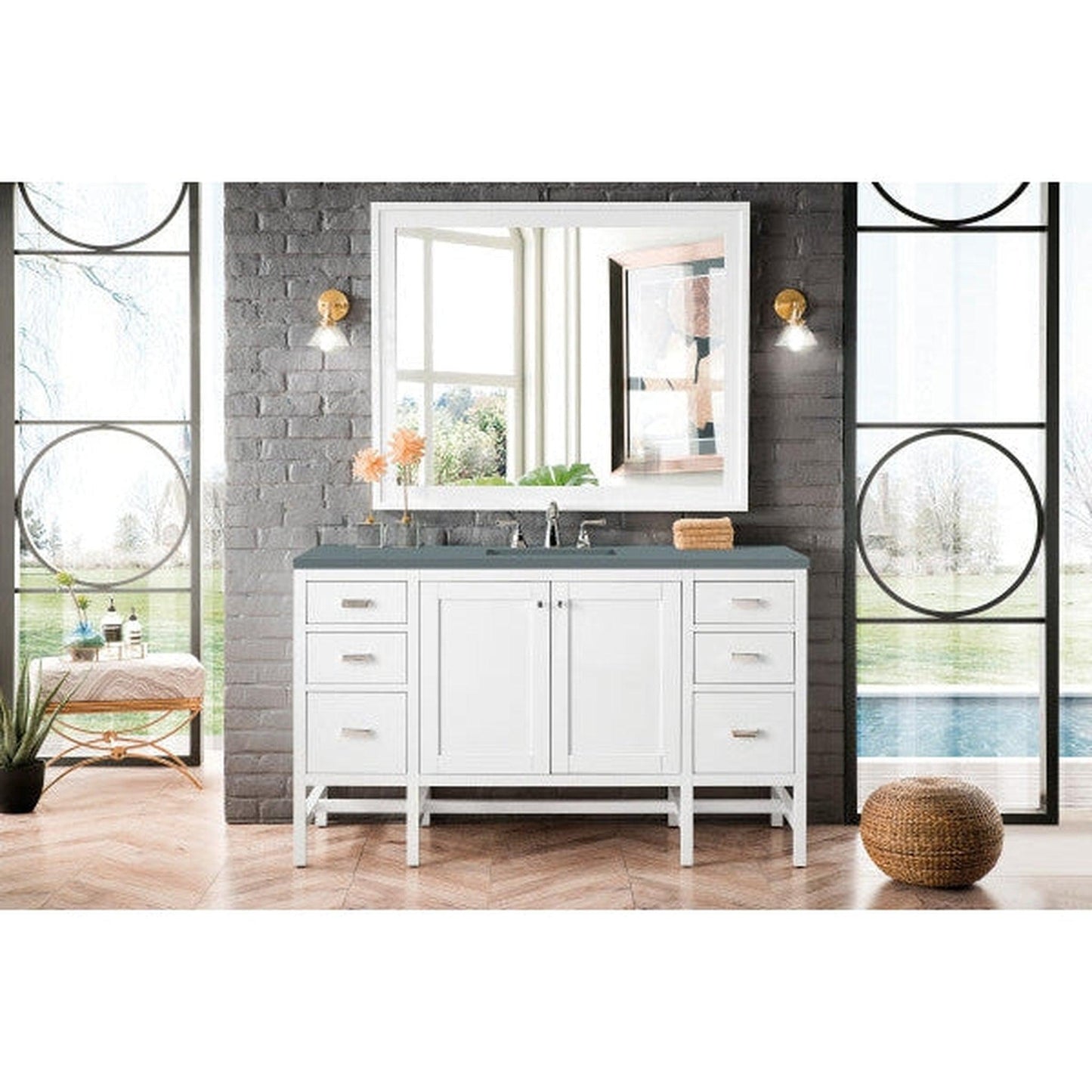 James Martin Addison 60" Single Glossy White Bathroom Vanity With 1" Cala Blue Quartz Top and Rectangular Ceramic Sink