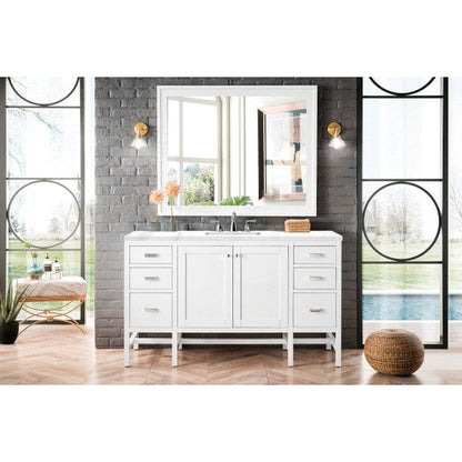 James Martin Addison 60" Single Glossy White Bathroom Vanity With 1" Carrara White Marble Top and Rectangular Ceramic Sink