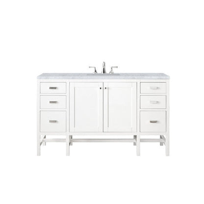 James Martin Addison 60" Single Glossy White Bathroom Vanity With 1" Carrara White Marble Top and Rectangular Ceramic Sink