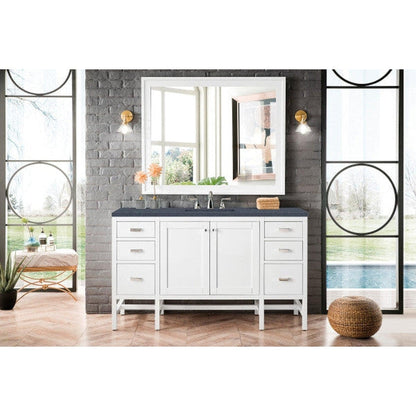 James Martin Addison 60" Single Glossy White Bathroom Vanity With 1" Charcoal Soapstone Quartz Top and Rectangular Ceramic Sink