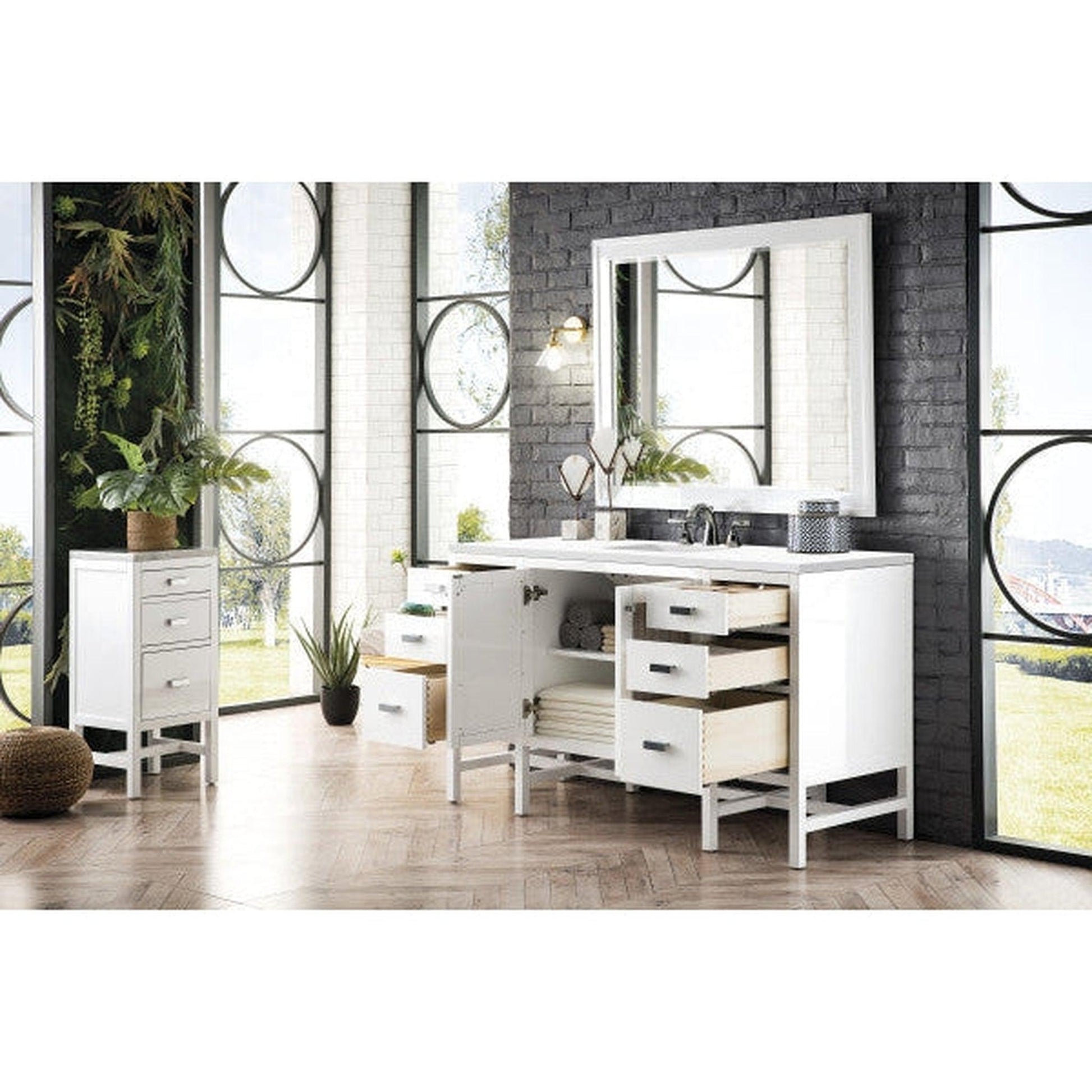 James Martin Addison 60" Single Glossy White Bathroom Vanity With 1" Classic White Quartz Top and Rectangular Ceramic Sink