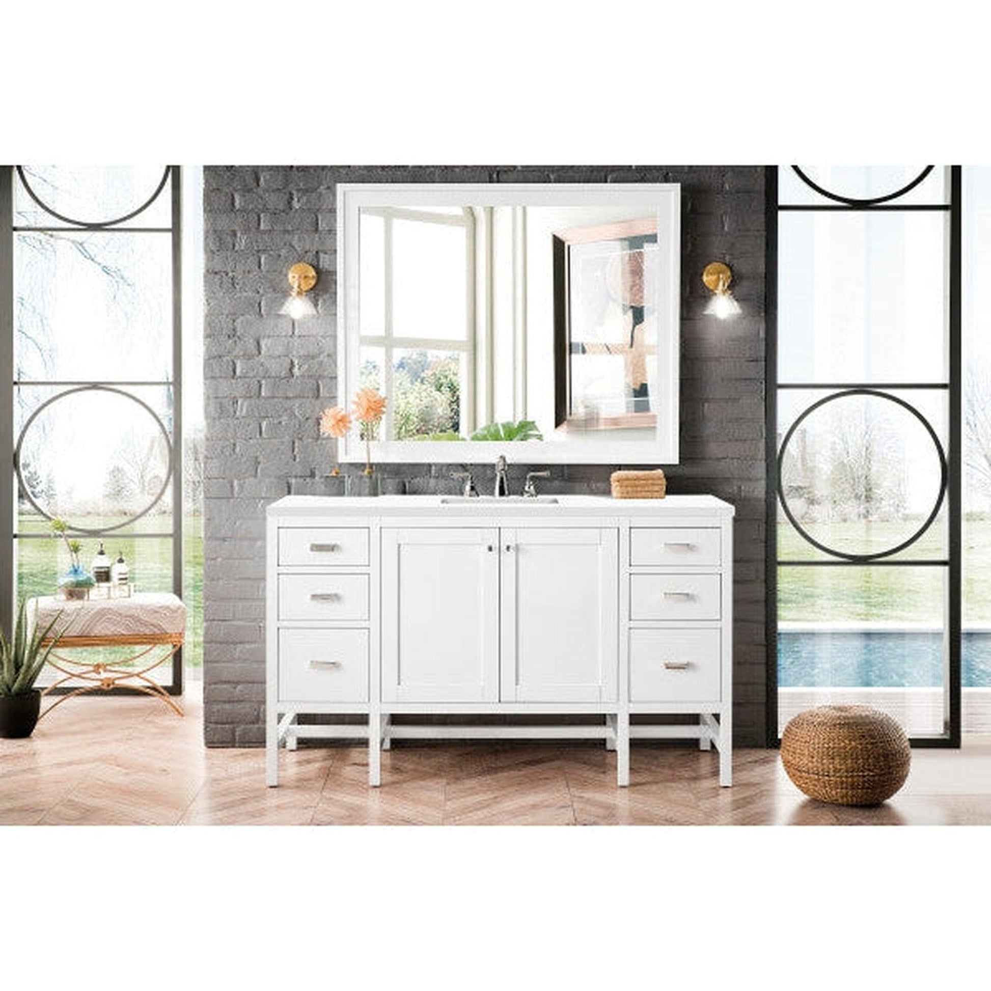 James Martin Addison 60" Single Glossy White Bathroom Vanity With 1" Classic White Quartz Top and Rectangular Ceramic Sink