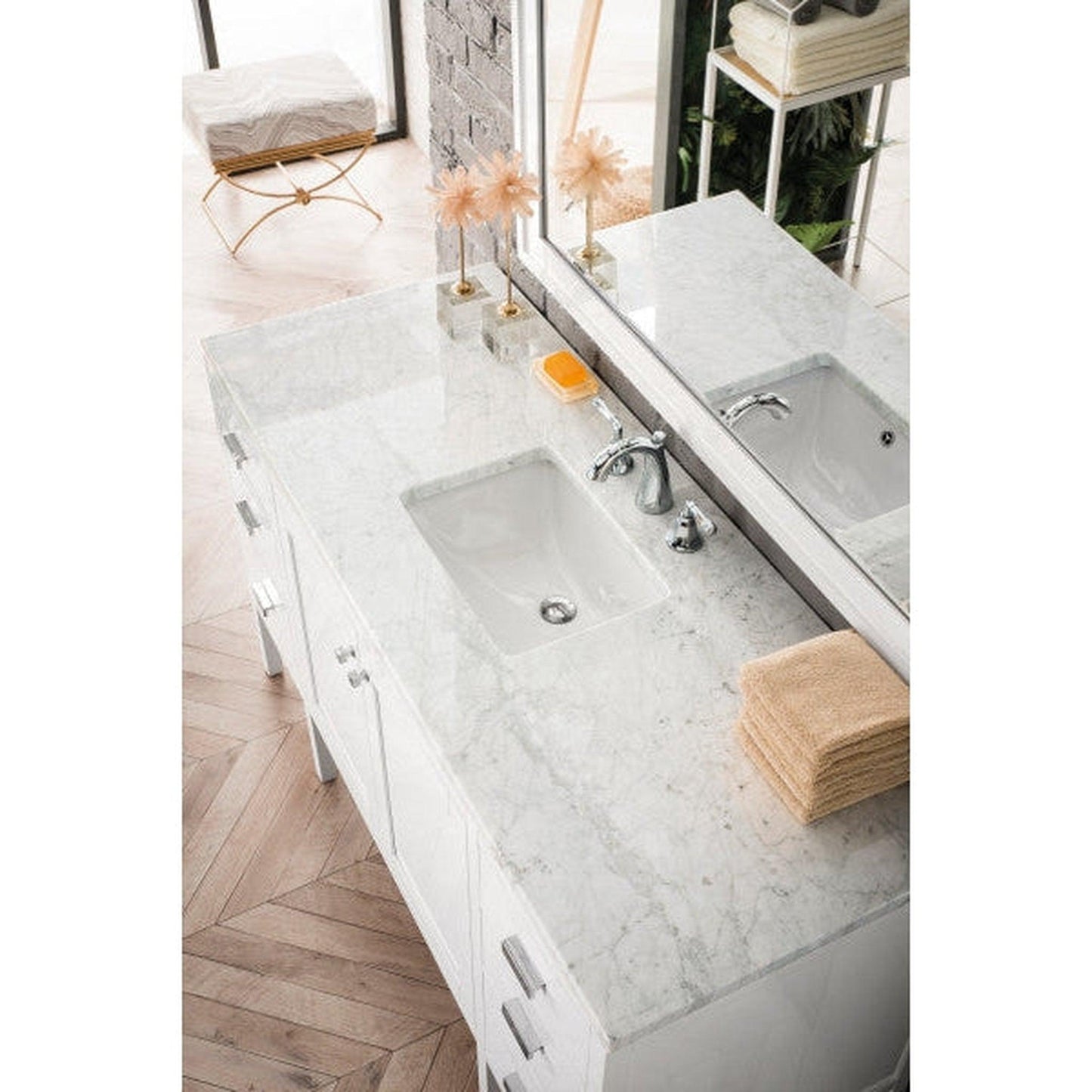 James Martin Addison 60" Single Glossy White Bathroom Vanity With 1" Eternal Jasmine Pearl Quartz Top and Rectangular Ceramic Sink