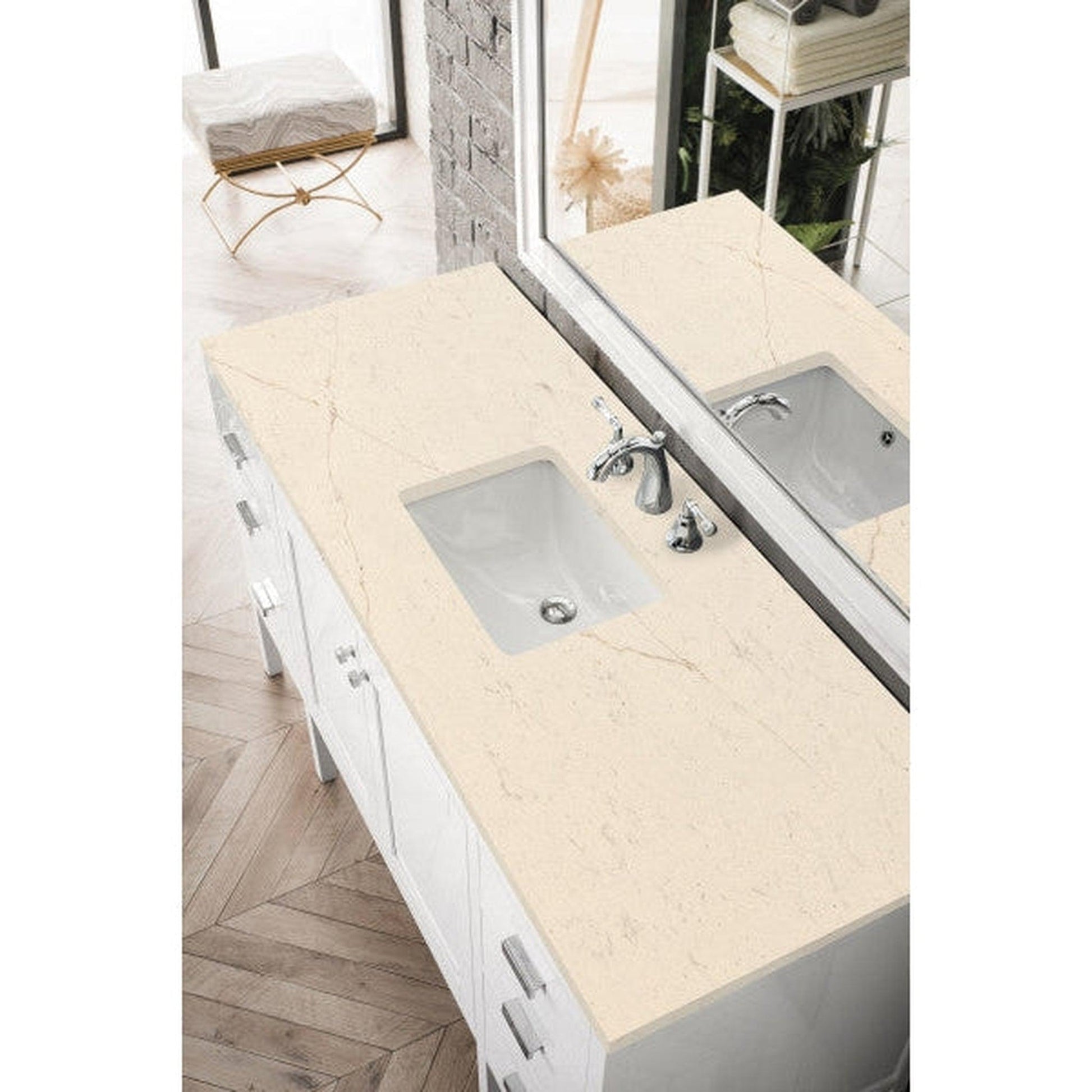 James Martin Addison 60" Single Glossy White Bathroom Vanity With 1" Eternal Marfil Quartz Top and Rectangular Ceramic Sink