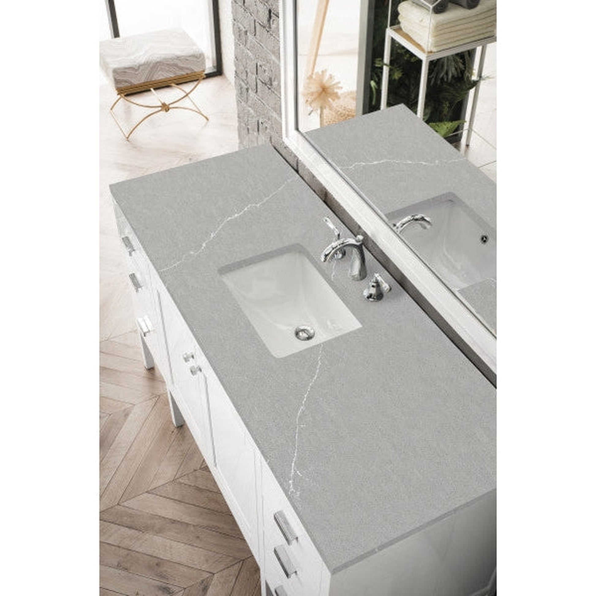James Martin Addison 60" Single Glossy White Bathroom Vanity With 1" Eternal Serena Quartz Top and Rectangular Ceramic Sink